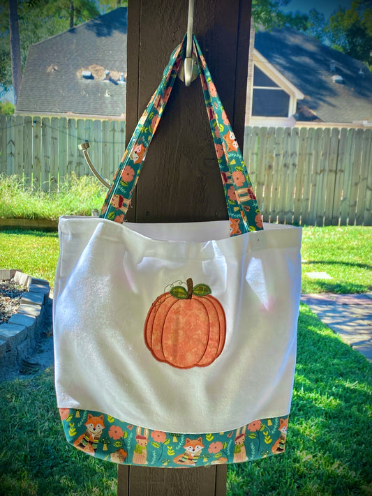 Fall Tote Bag with Green Fox Accents and a Pumpkin Applique