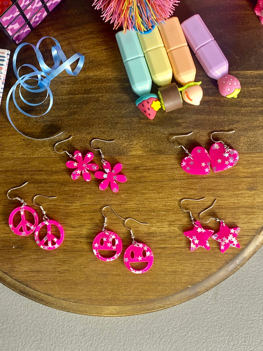 Pink Dangle Earrings with Holographic Stars