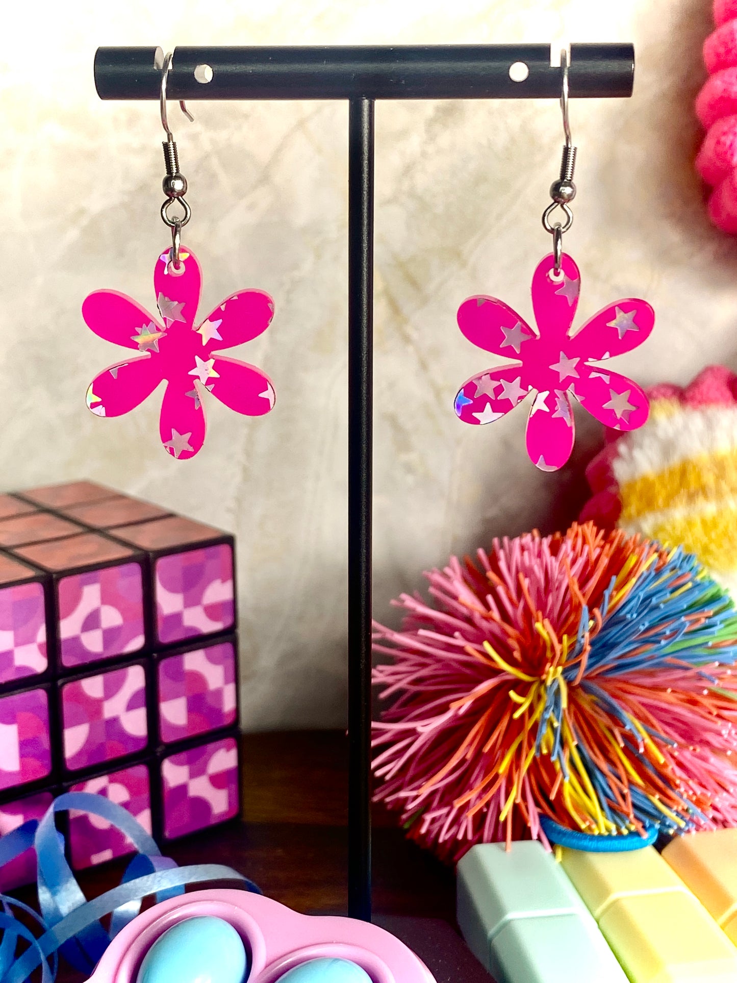 Pink Dangle Earrings with Holographic Stars