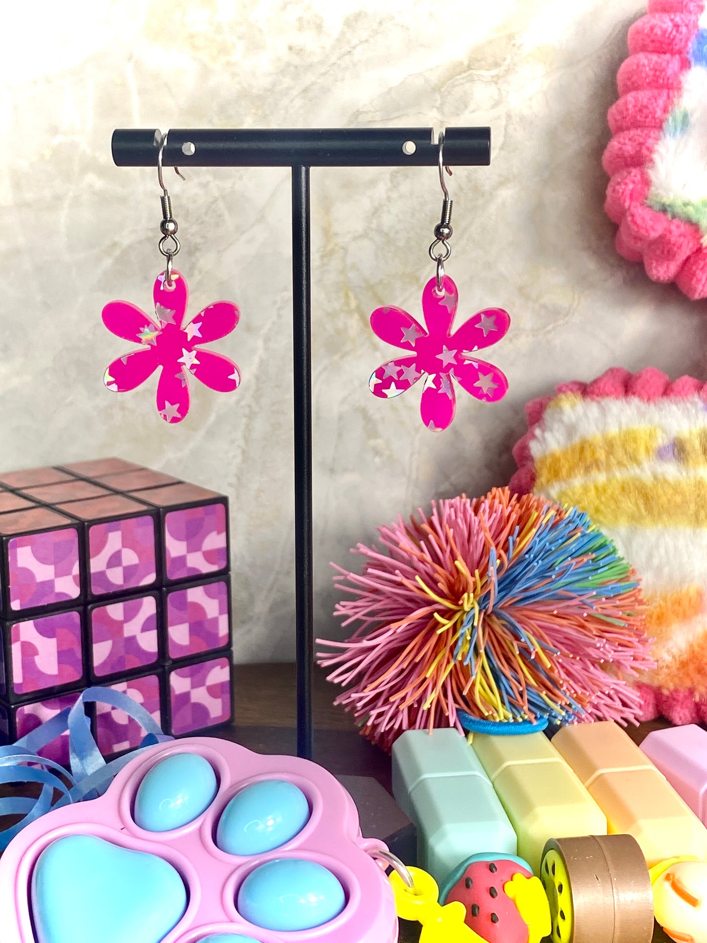 Pink Dangle Earrings with Holographic Stars