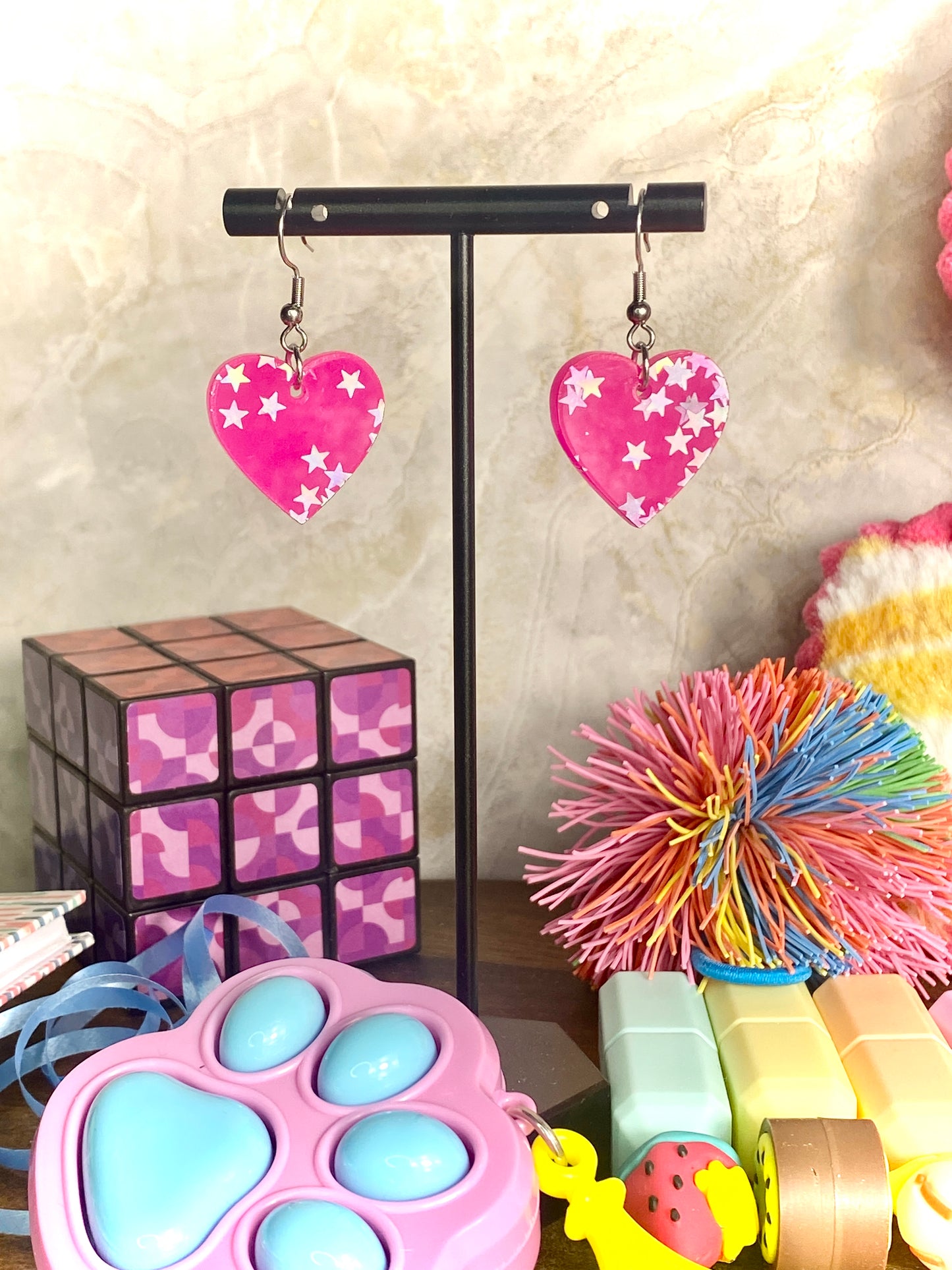 Pink Dangle Earrings with Holographic Stars