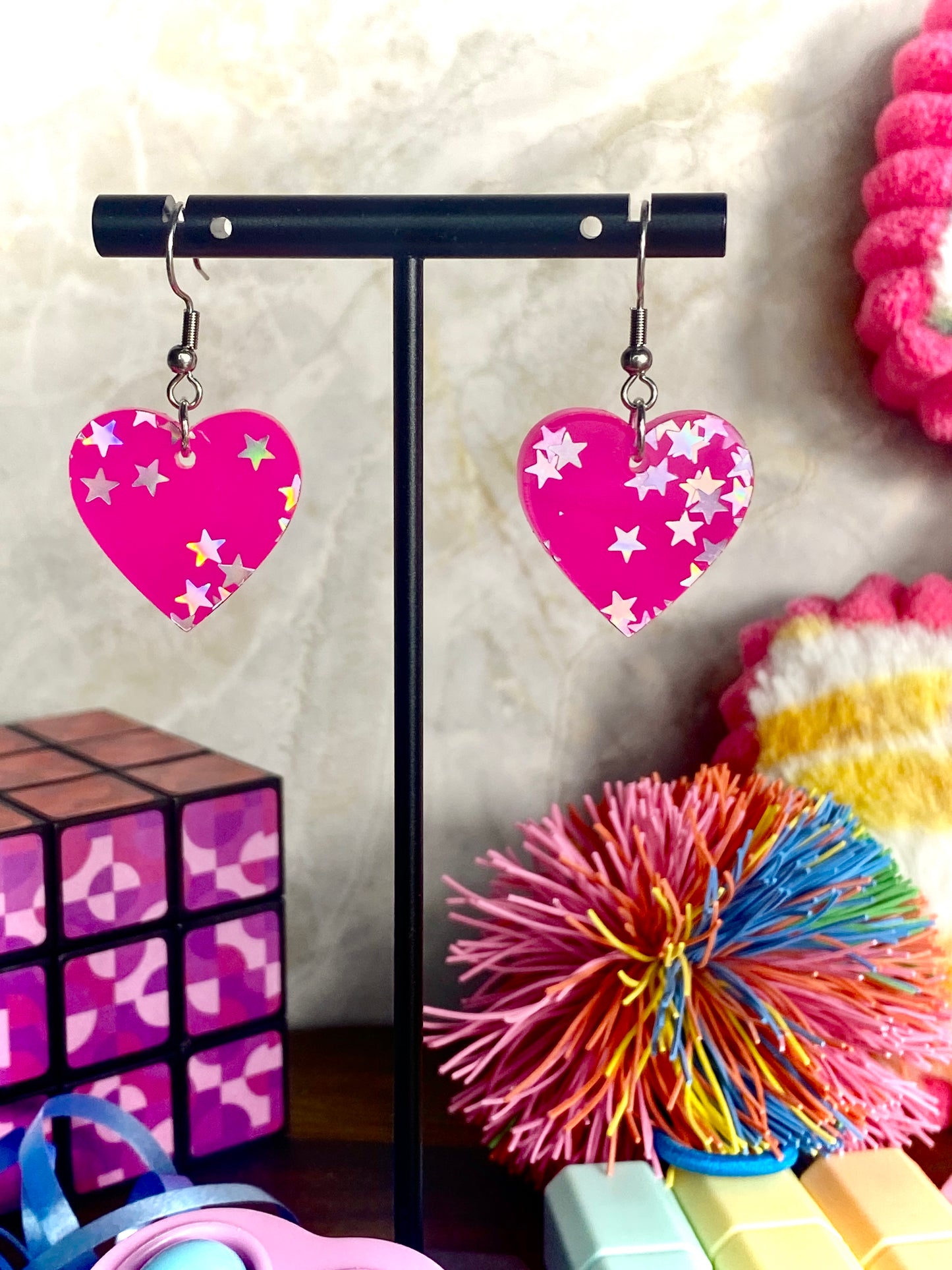 Pink Dangle Earrings with Holographic Stars