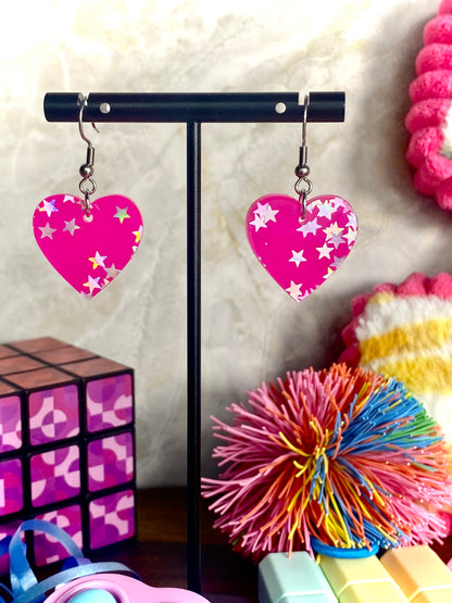 Pink Dangle Earrings with Holographic Stars