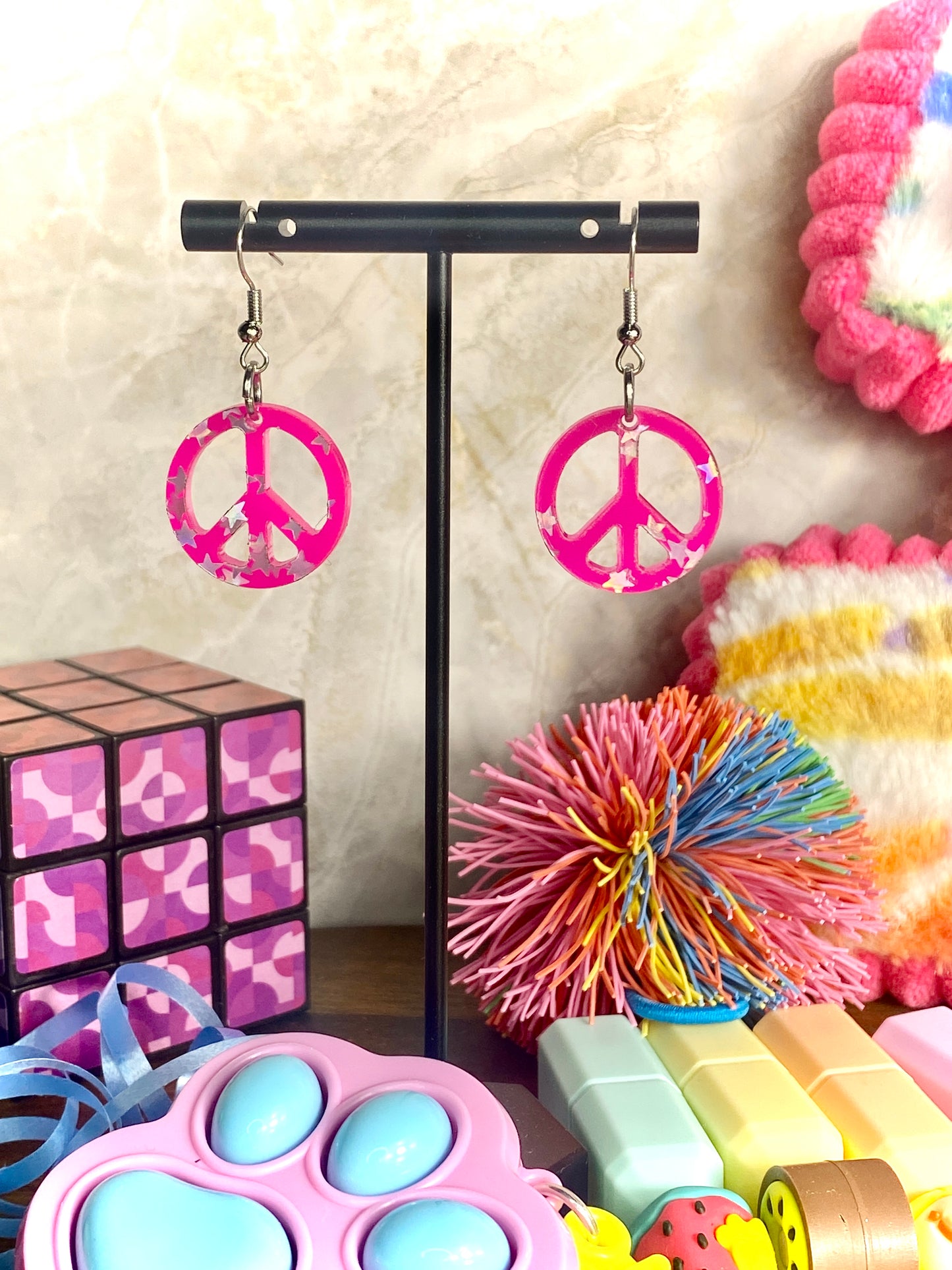 Pink Dangle Earrings with Holographic Stars