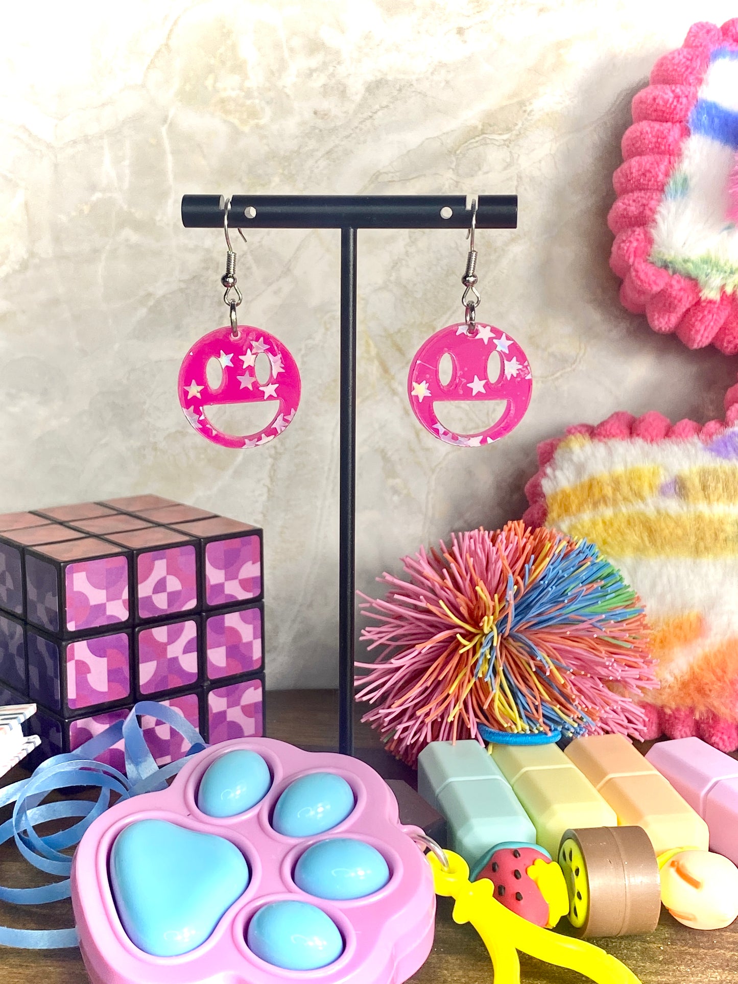 Pink Dangle Earrings with Holographic Stars
