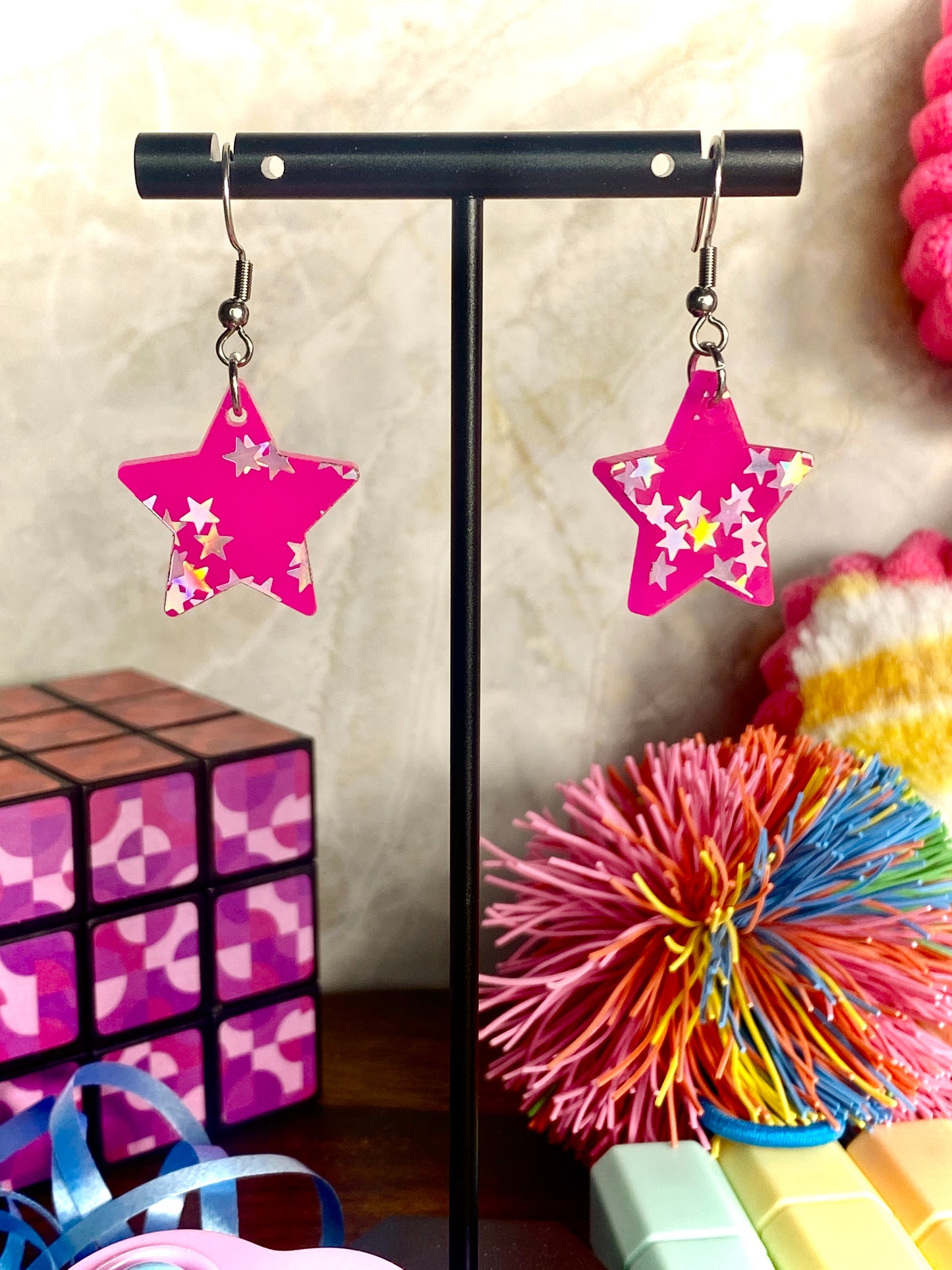 Pink Dangle Earrings with Holographic Stars