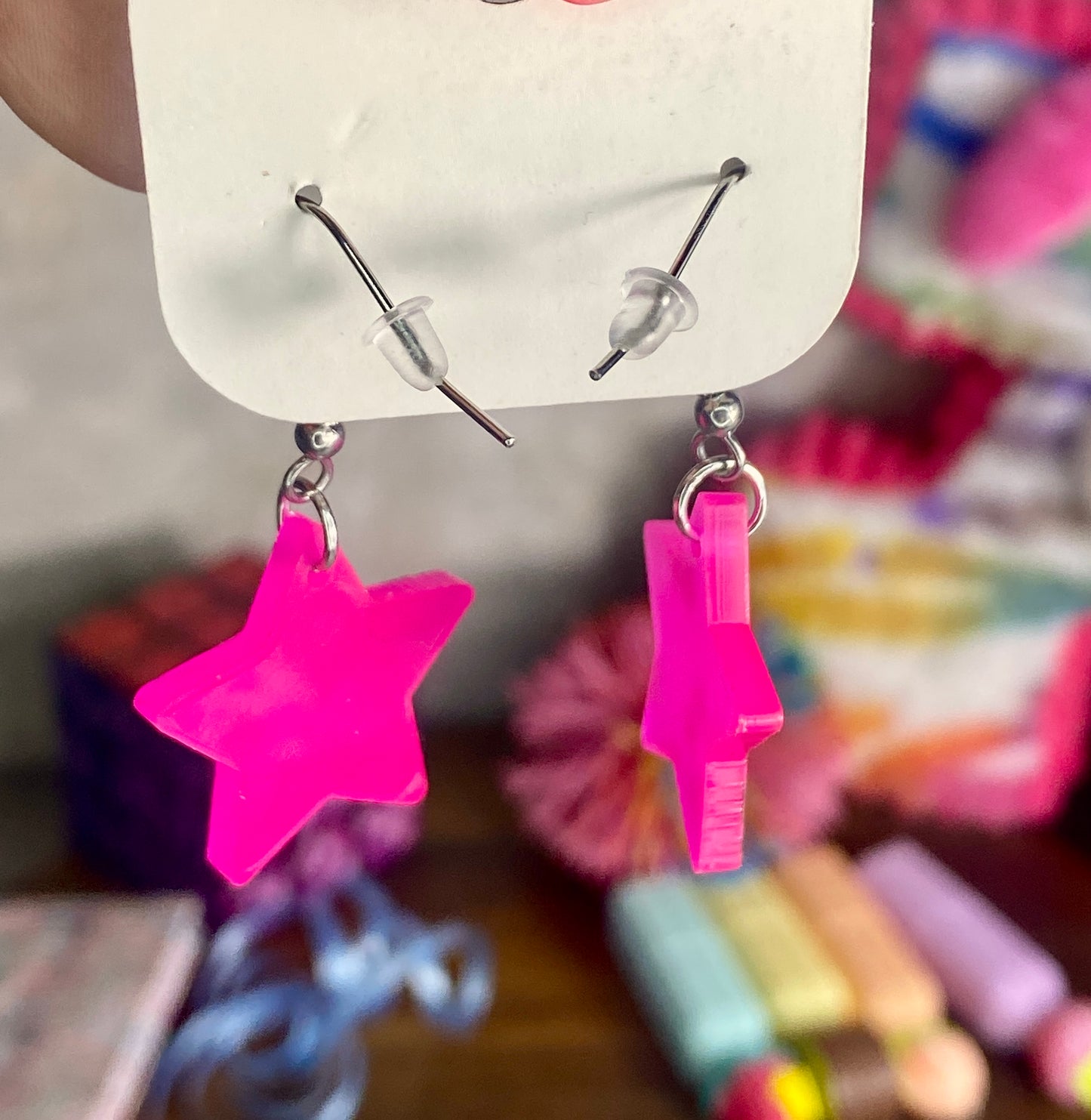 Pink Dangle Earrings with Holographic Stars