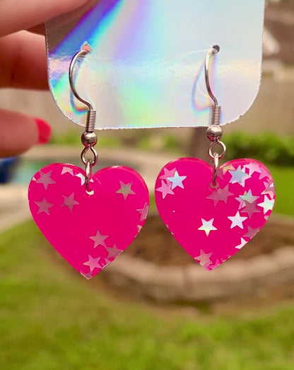 Pink Dangle Earrings with Holographic Stars